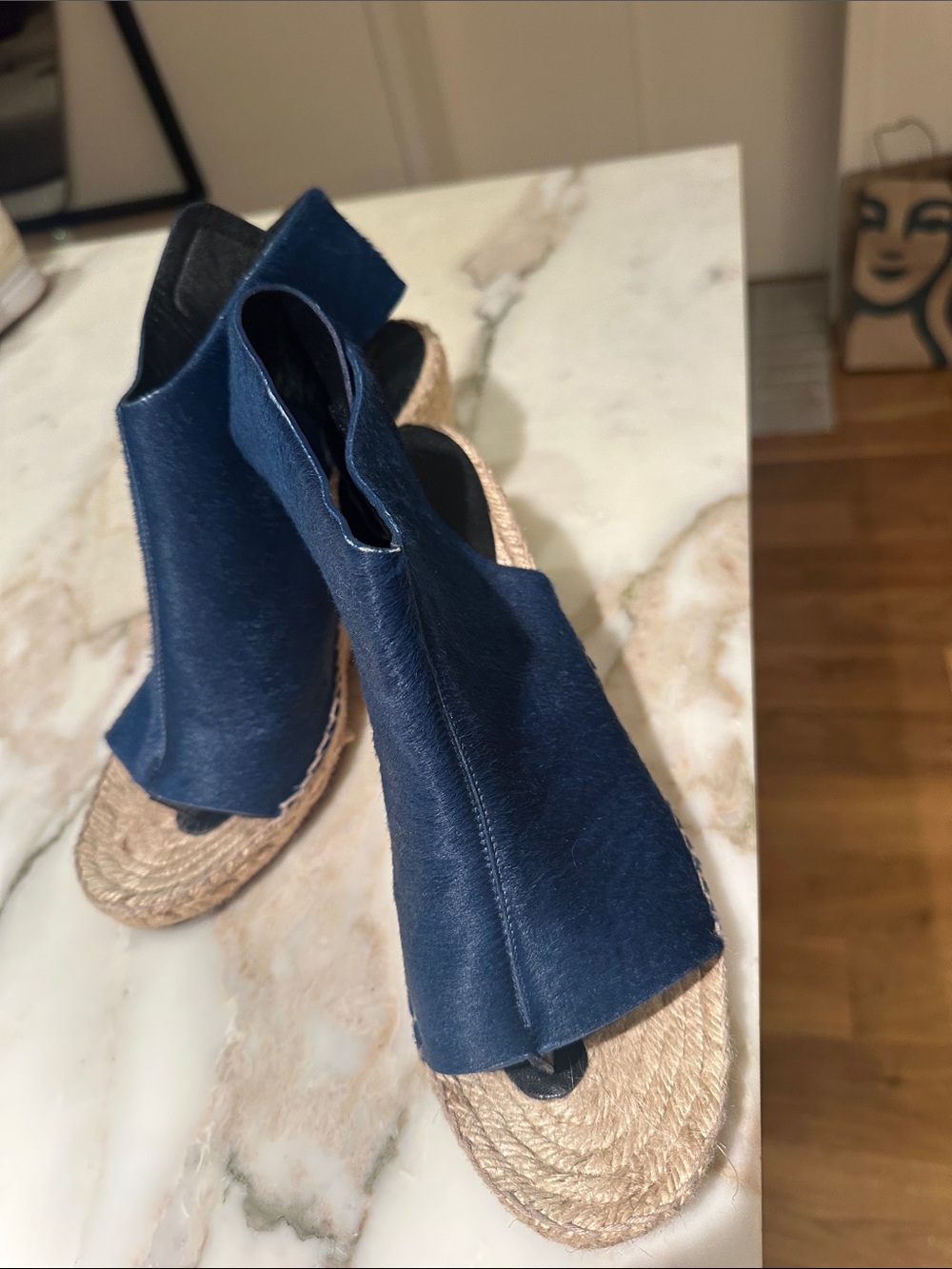 Celine Deep Blue Open-Toe Wedge Espadrilles - Picture 6 of 8